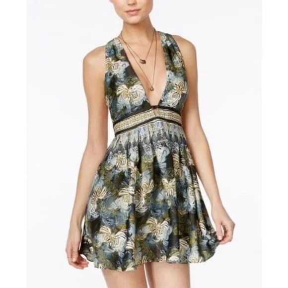 Free People Dress Green Multicolor Daydream Butterfly Boho Low Back Mini L - Picture 1 of 10